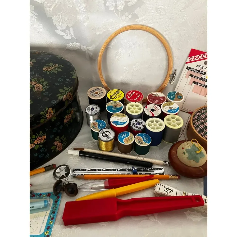 Vintage Sewing Kit Floral Tin Thread Needles Scissors Pin Cushions Craft Lot